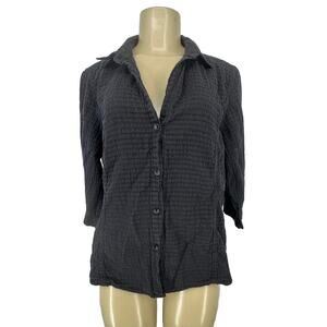 Focus Medium Women Button Up Black Shirt Top 3/4 Sleeve Cotton MN9